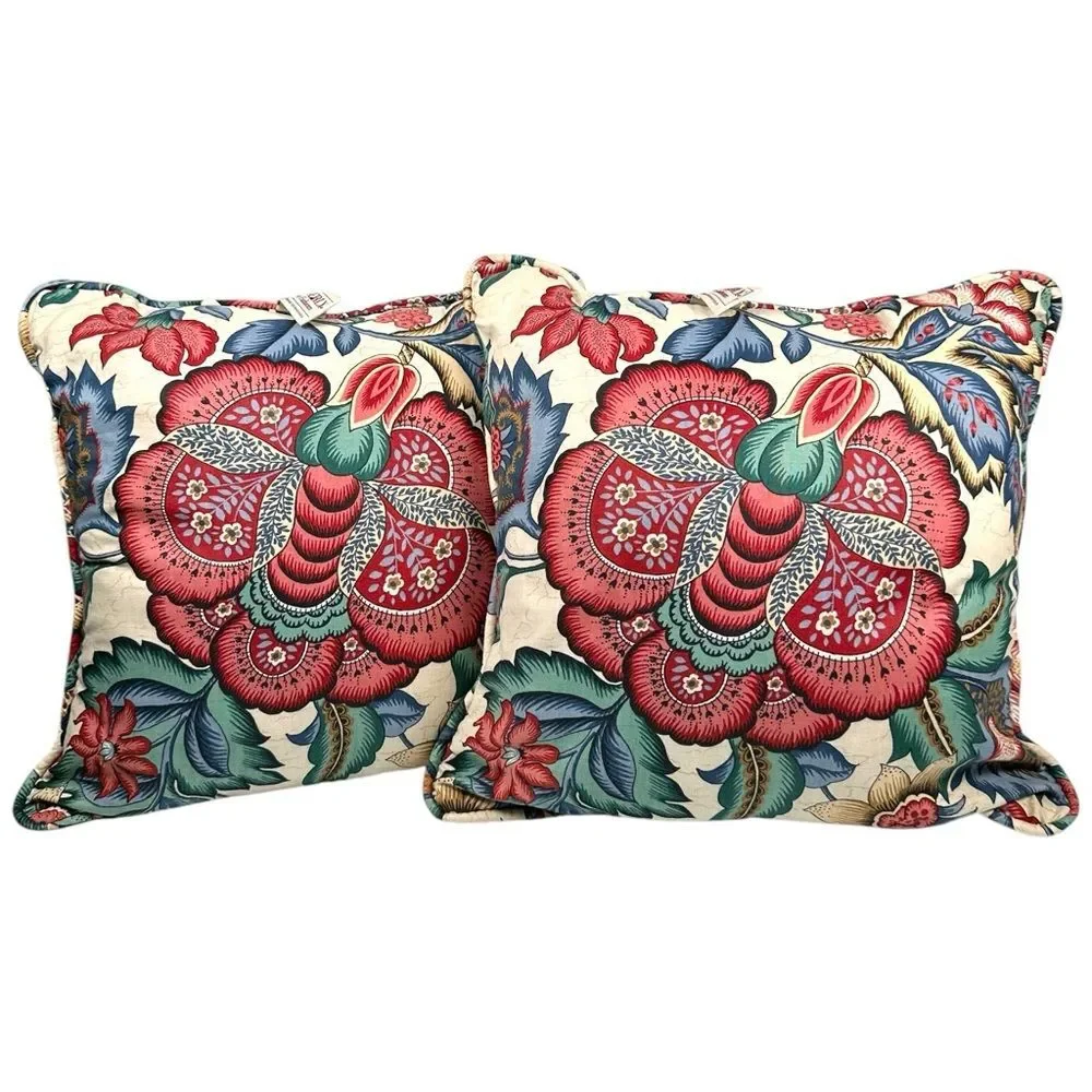 2 Vintage Waverly Floral Multicolor 16” Farmhouse Decor Accent Throw Pillows Set